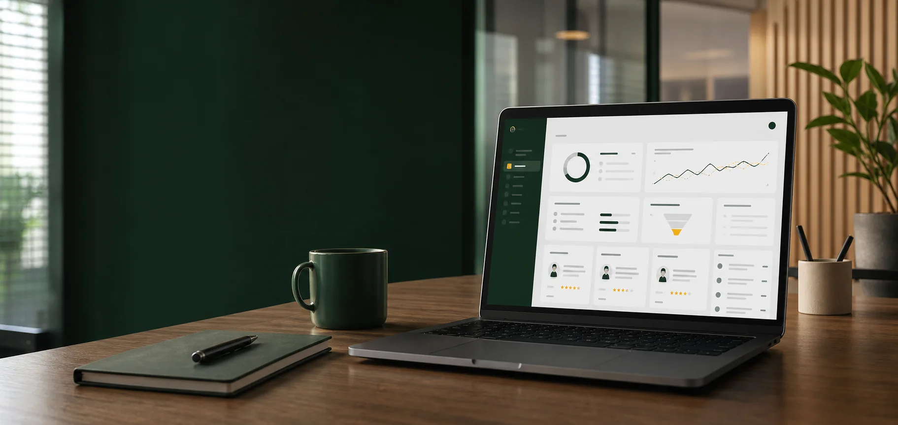 Notebook sem marca com interface fictícia de recrutamento